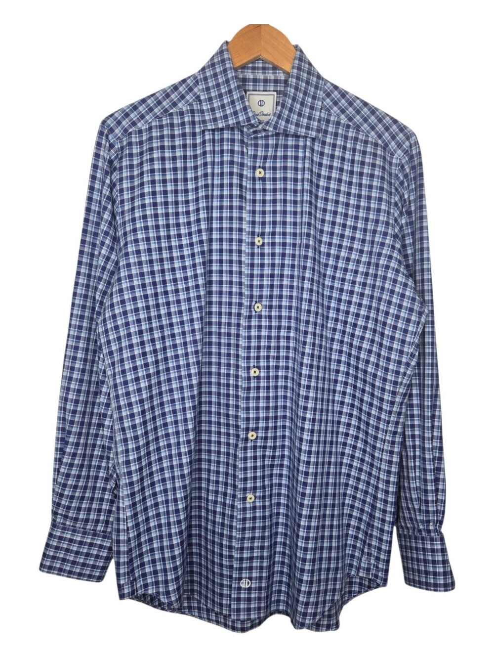 David Donahue Mens Blue Plaid Cotton Button Down Dress Shirt Size Medium